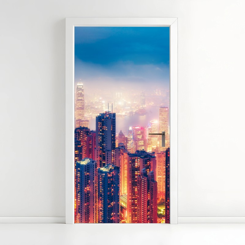 Adesivo per porta panorama notturno di Hong Kong dal Victoria Peak