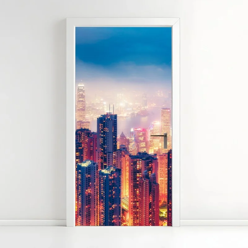 Adesivo per porta panorama notturno di Hong Kong dal Victoria Peak