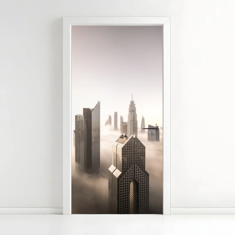 Adesivo per porta città tra le nuvole: skyline di Dubai invernale