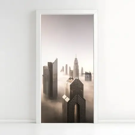 Adesivo per porta città tra le nuvole: skyline di Dubai invernale • Wallissimo®