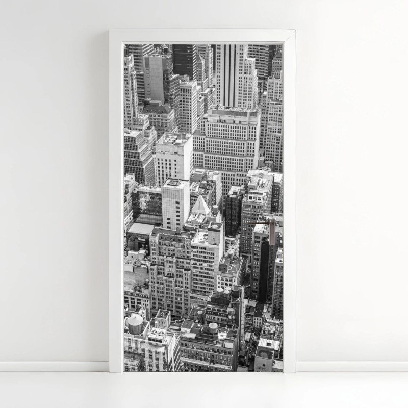 Adesivo per porta panorama urbano dall'alto in bianco e nero