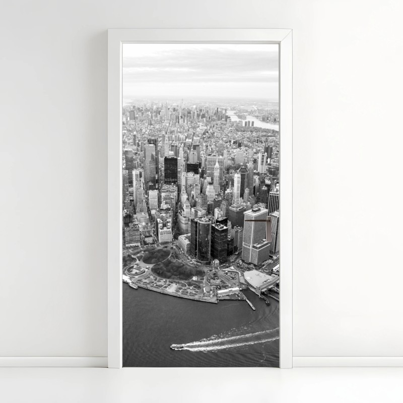 Adesivo per porta panorama aereo di Manhattan al tramonto