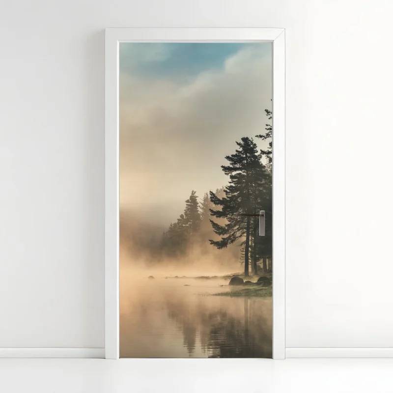 Adesivo per porta alba nebbiosa sul lago