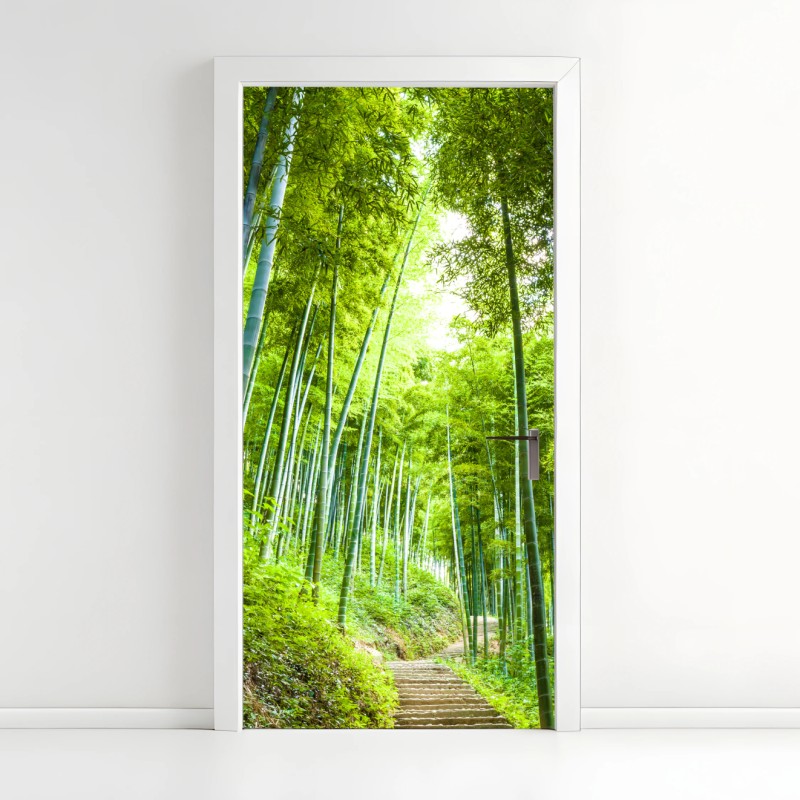 Adesivo per porta sentiero incantato nella foresta di bambù