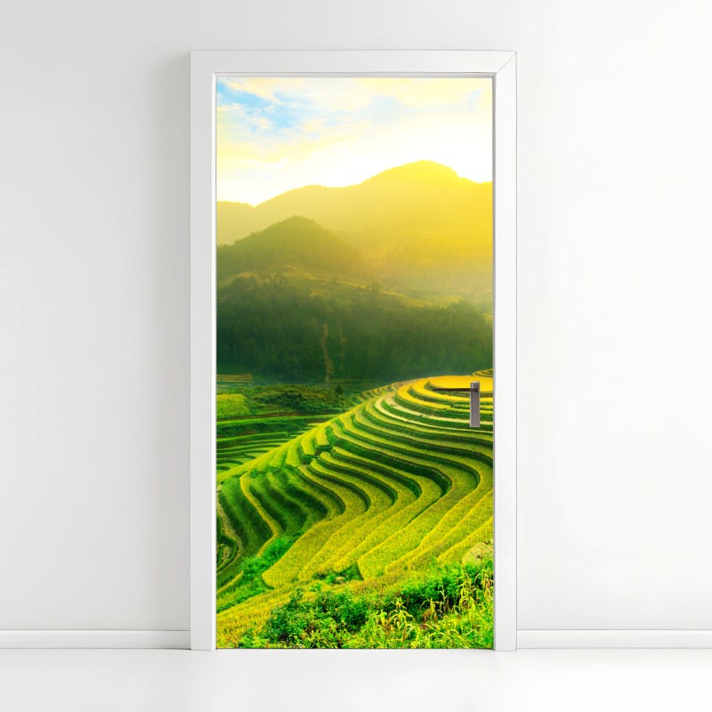 Adesivo per porta risaie terrazzate all'alba
