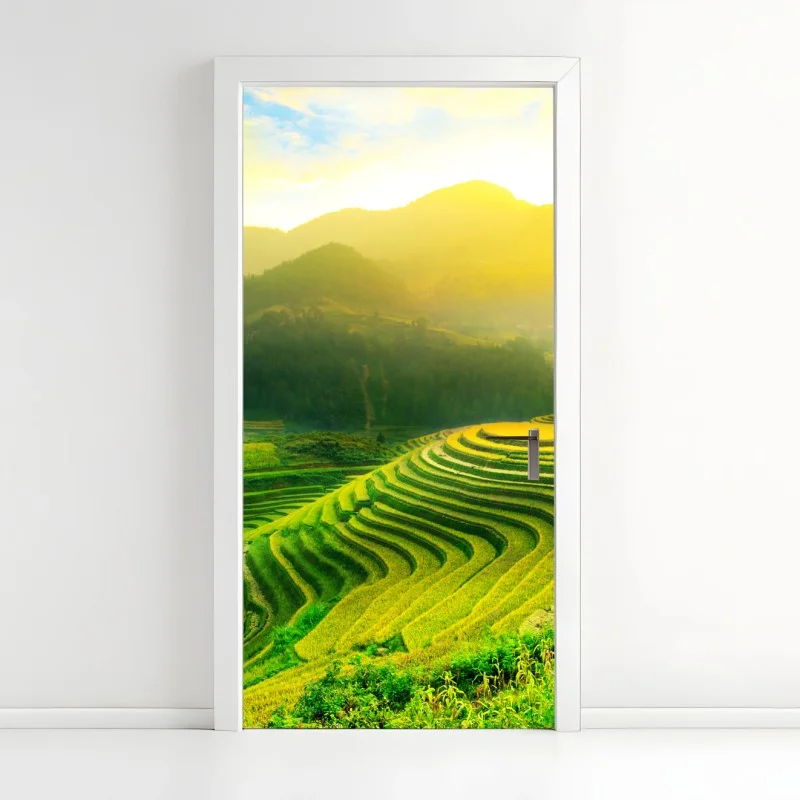 Adesivo per porta risaie terrazzate all'alba