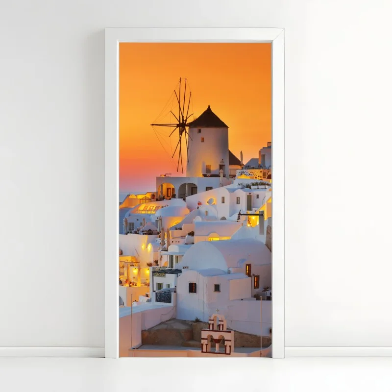 Adesivo per porta tramonto dorato a Oia, Santorini