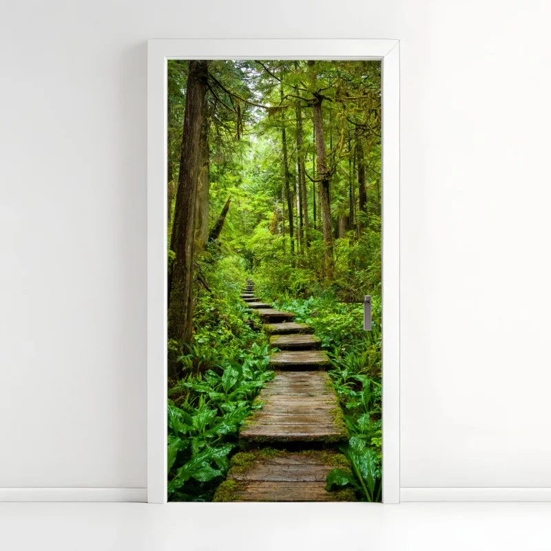 Adesivo per porta sentiero nella foresta verde
