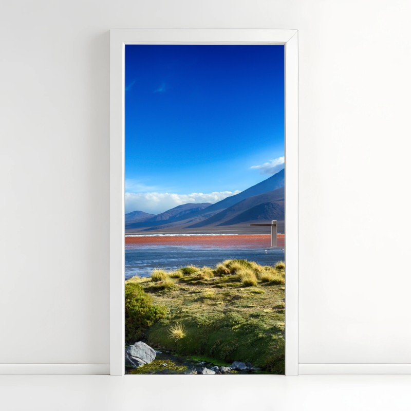Adesivo per porta laguna rossa dell'altopiano montano