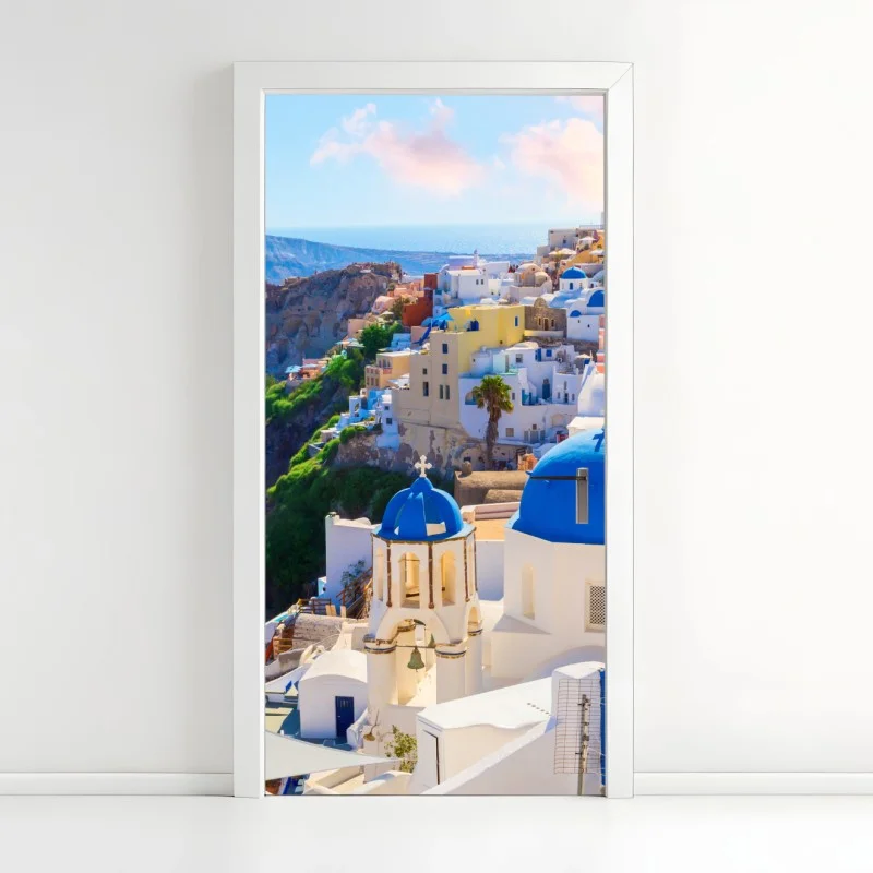 Adesivo per porta panoramica di Santorini con cupole blu