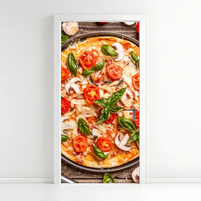 Adesivo per porta pizza rustica con basilico e pomodori