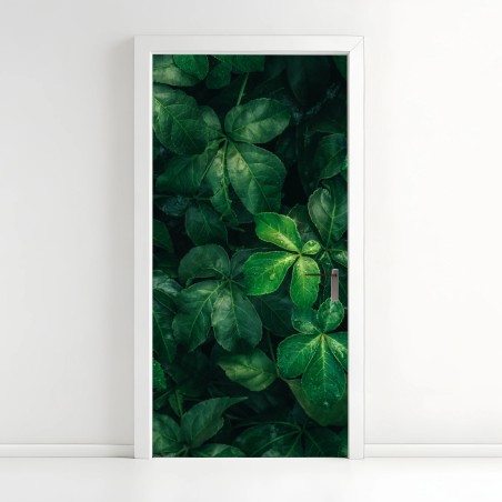 Adesivo per porta fogliame tropicale in verde profondo • Wallissimo®