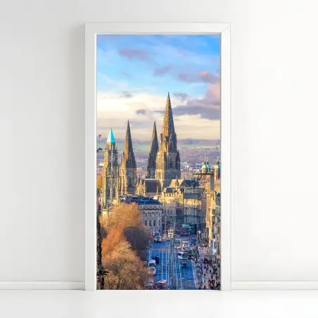 Adesivo per porta veduta storica di Edimburgo al tramonto • Wallissimo®