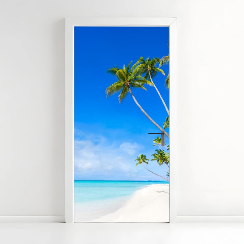 Adesivo per porta paradiso tropicale con palme e mare turchese