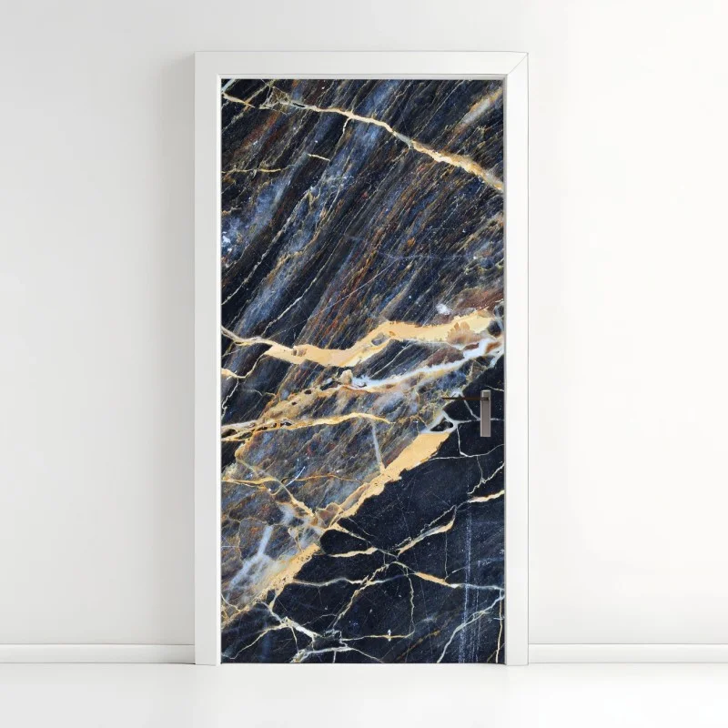 Adesivo per porta marmo blu scuro con venature dorate e crema