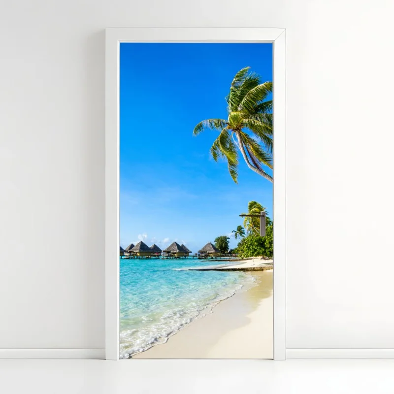 Adesivo per porta paradiso tropicale con palme e bungalow