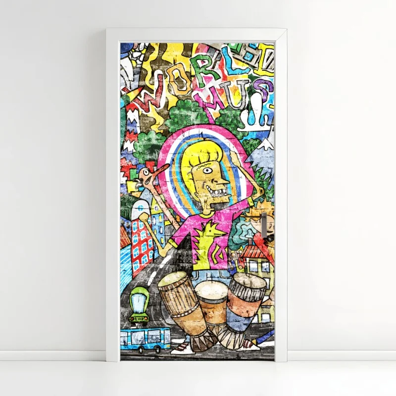Adesivo per porta esplosione di colore urbano e musica
