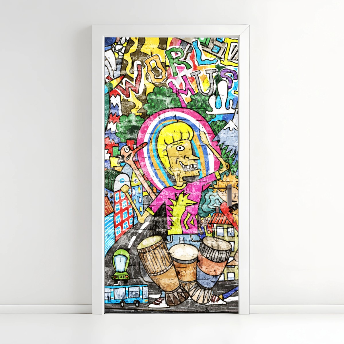 Adesivo per porta esplosione di colore urbano e musica • Wallissimo®