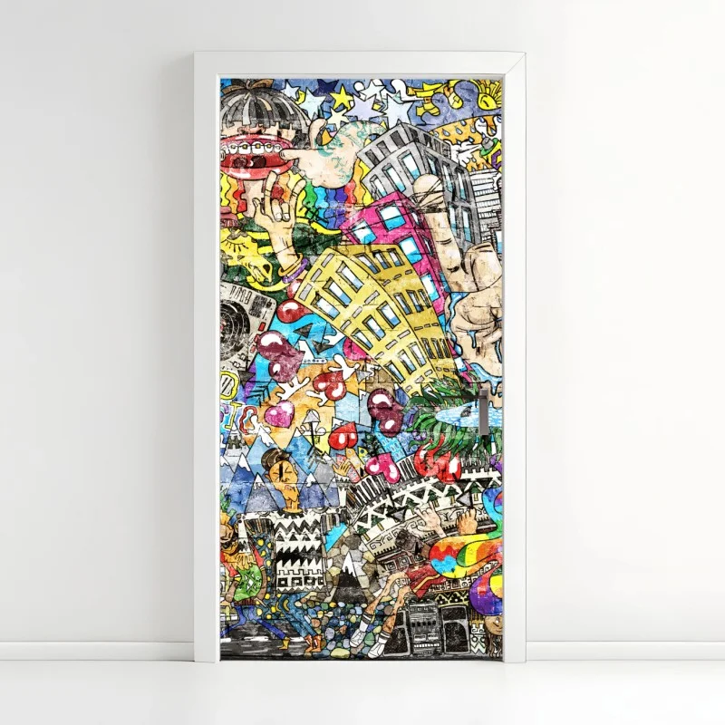 Adesivo per porta esplosione urbana di colore e musica