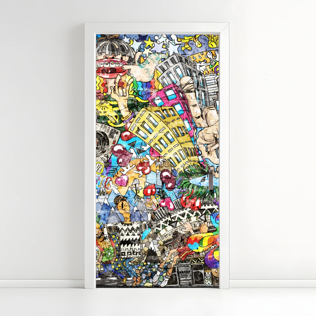 Adesivo per porta esplosione urbana di colore e musica • Wallissimo®