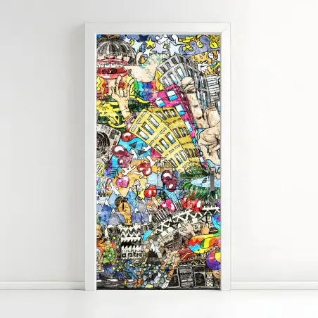 Adesivo per porta esplosione urbana di colore e musica • Wallissimo®