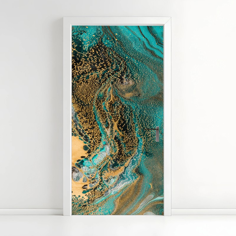 Adesivo per porta marea turchese e oro astratta