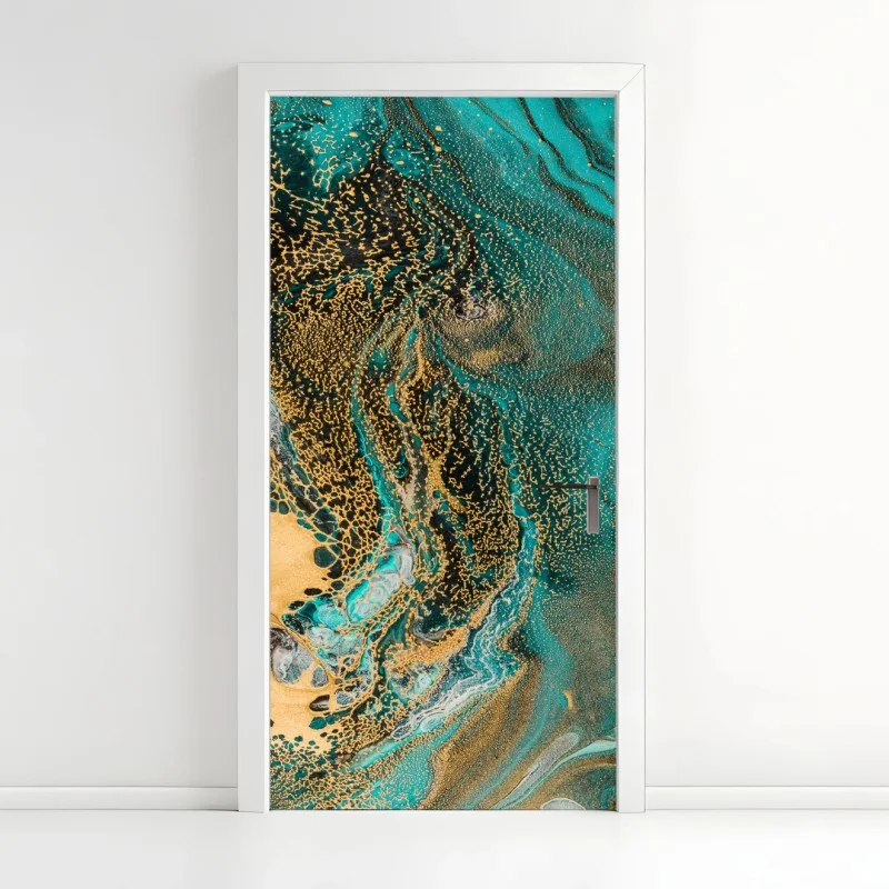 Adesivo per porta marea turchese e oro astratta