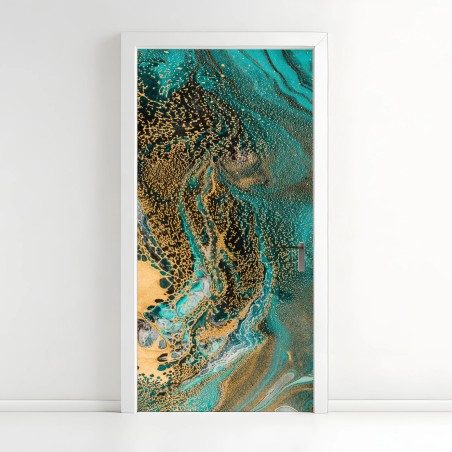Adesivo per porta marea turchese e oro astratta • Wallissimo®