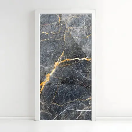 Adesivo per porta marmo grigio con venature dorate • Wallissimo®