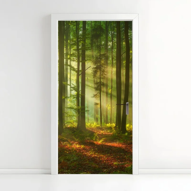 Adesivo per porta mattina luminosa nella foresta