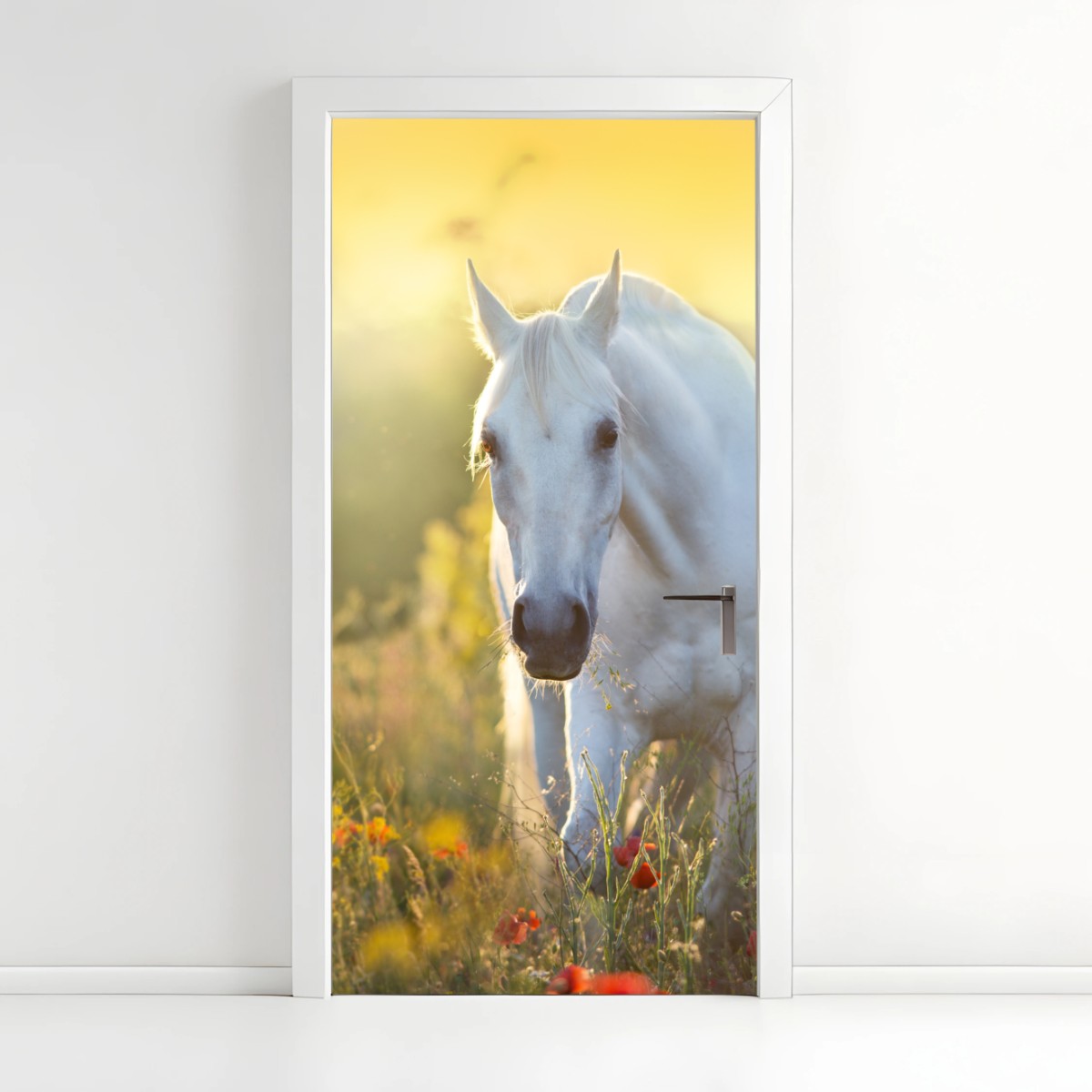 Adesivo per porta elegante cavallo bianco al sorgere del sole • Wallissimo®