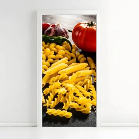Adesivo per porta composizione rustica di pasta e ingredienti • Wallissimo®