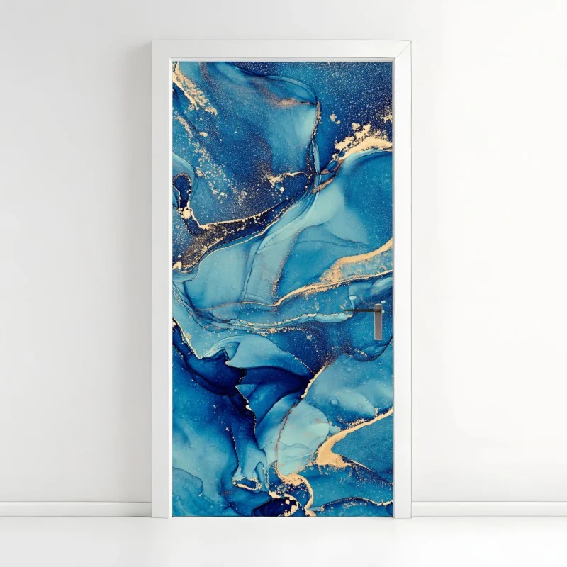 Adesivo per porta onde dorate su fondo blu