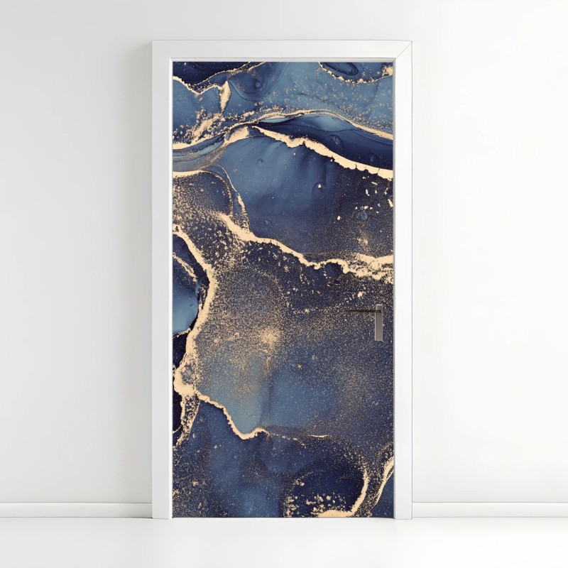 Adesivo per porta onde dorate nel blu profondo