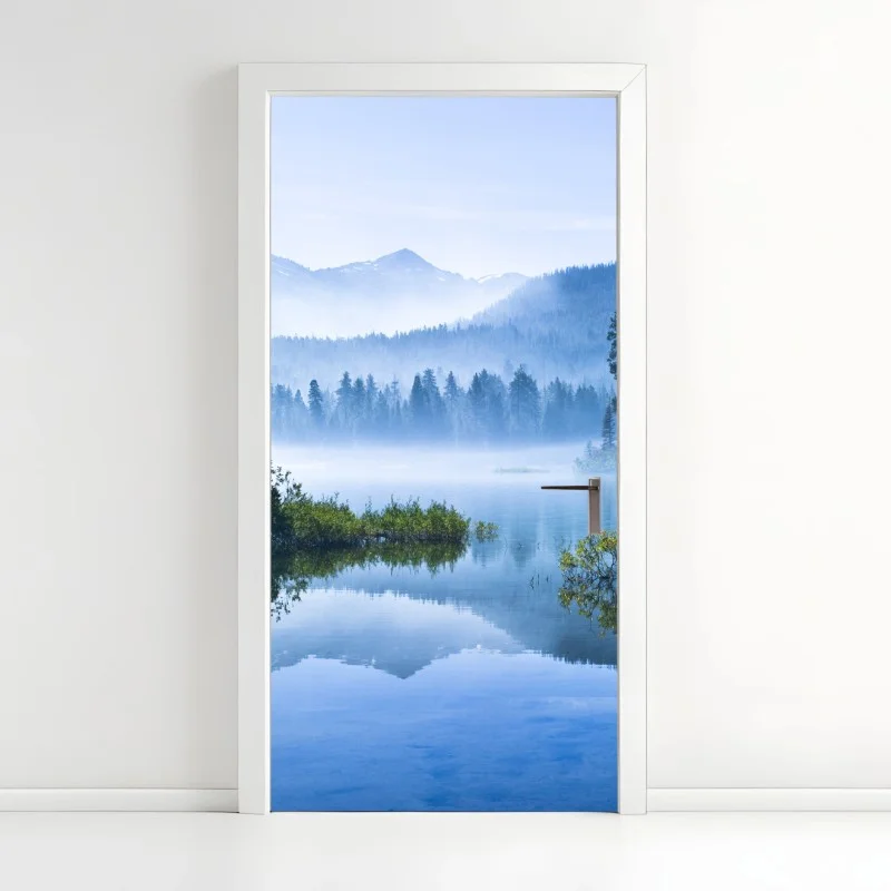 Adesivo per porta paesaggio di lago montano all'alba