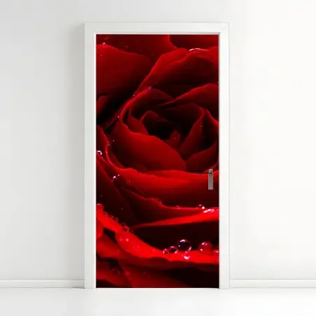 Adesivo per porta rosa rossa in primo piano con gocce di rugiada • Wallissimo®