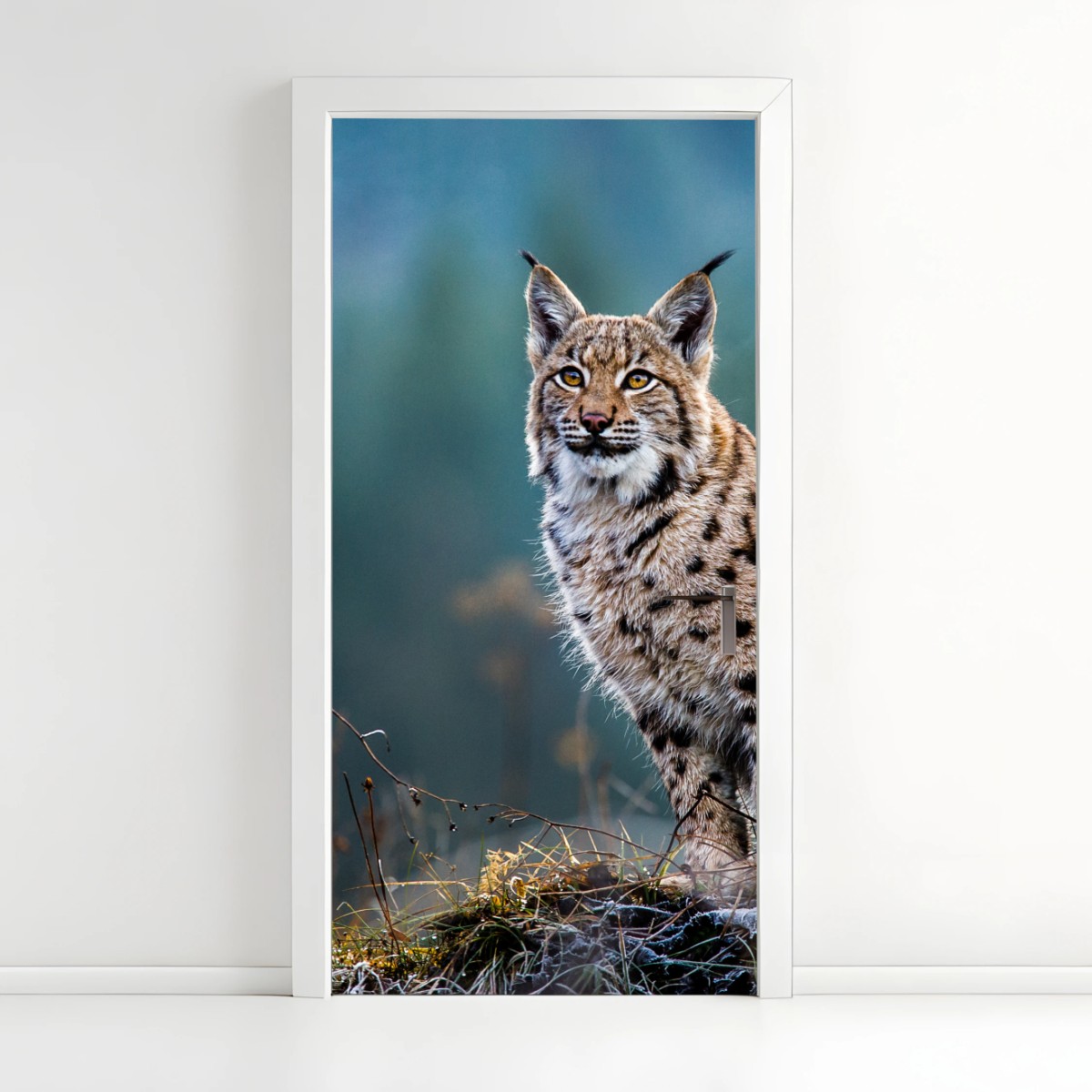 Adesivo per porta lince maestosa nel bosco • Wallissimo®