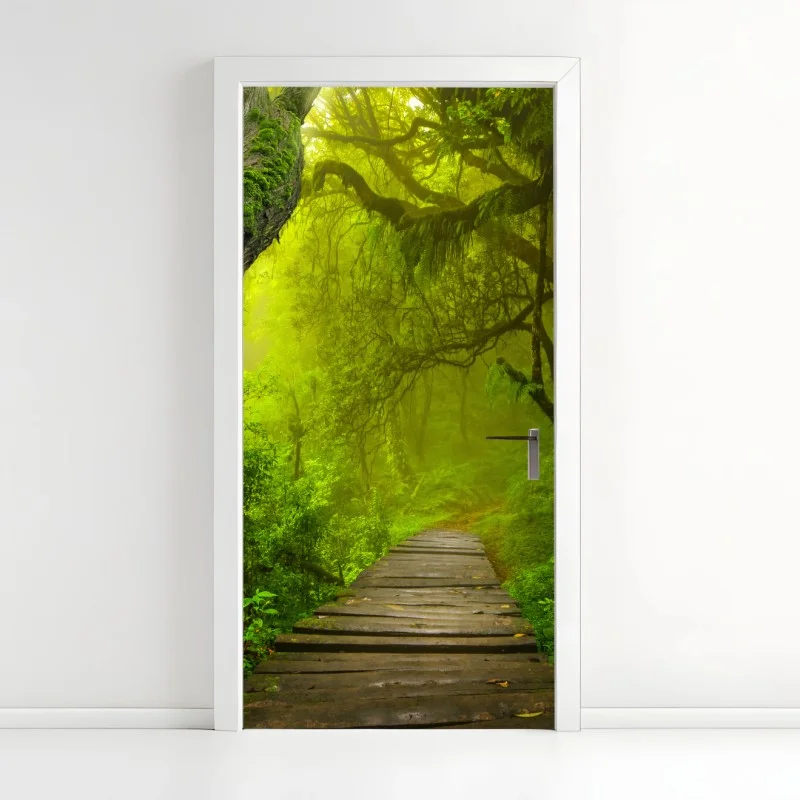 Adesivo per porta sentiero incantato nella foresta verde