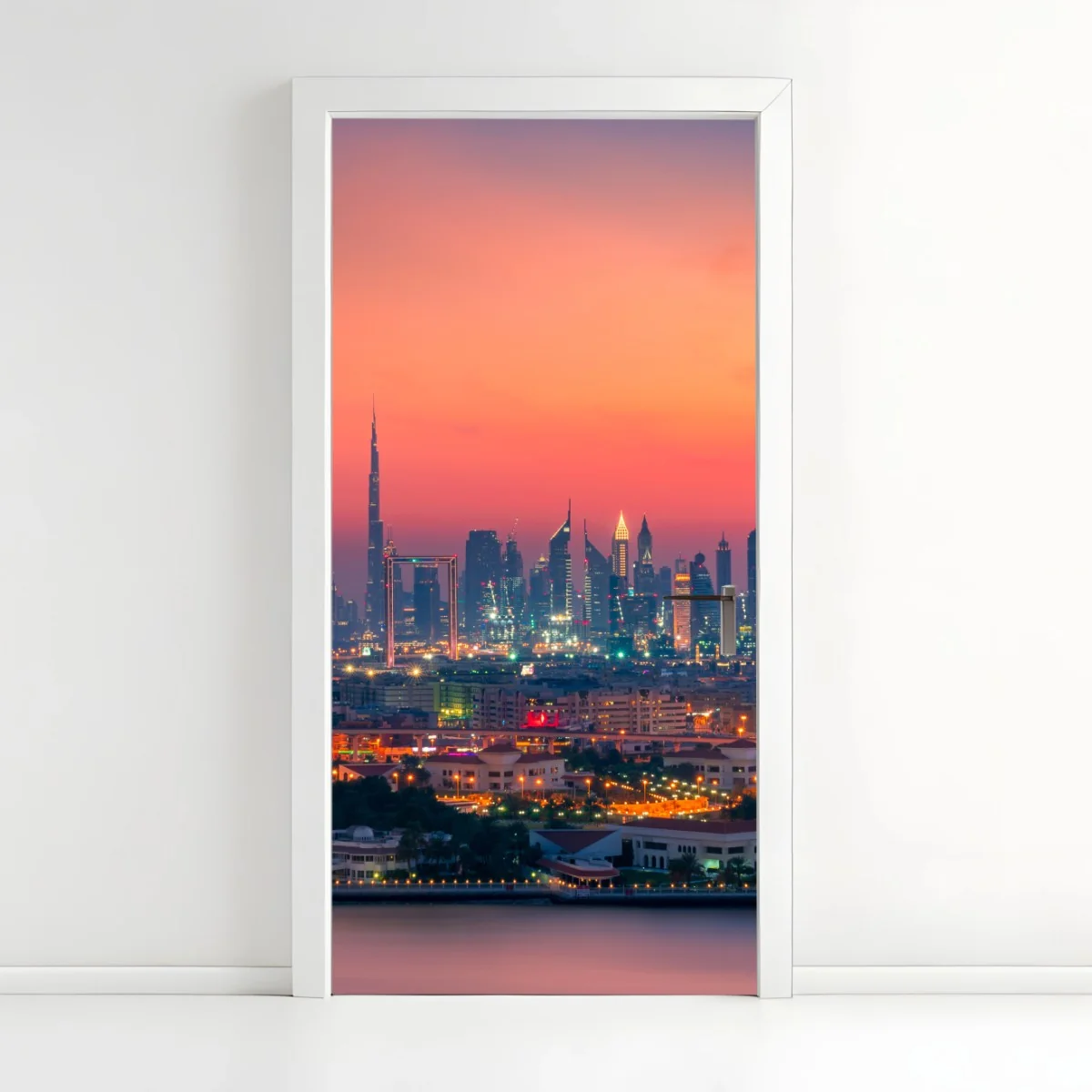 Adesivo per porta tramonto sullo skyline di Dubai • Wallissimo® Adesivo per porta tramonto sullo skyline di Dubai • Wallissimo®