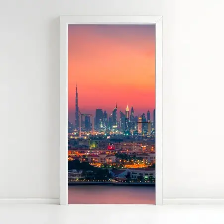 Adesivo per porta tramonto sullo skyline di Dubai • Wallissimo®