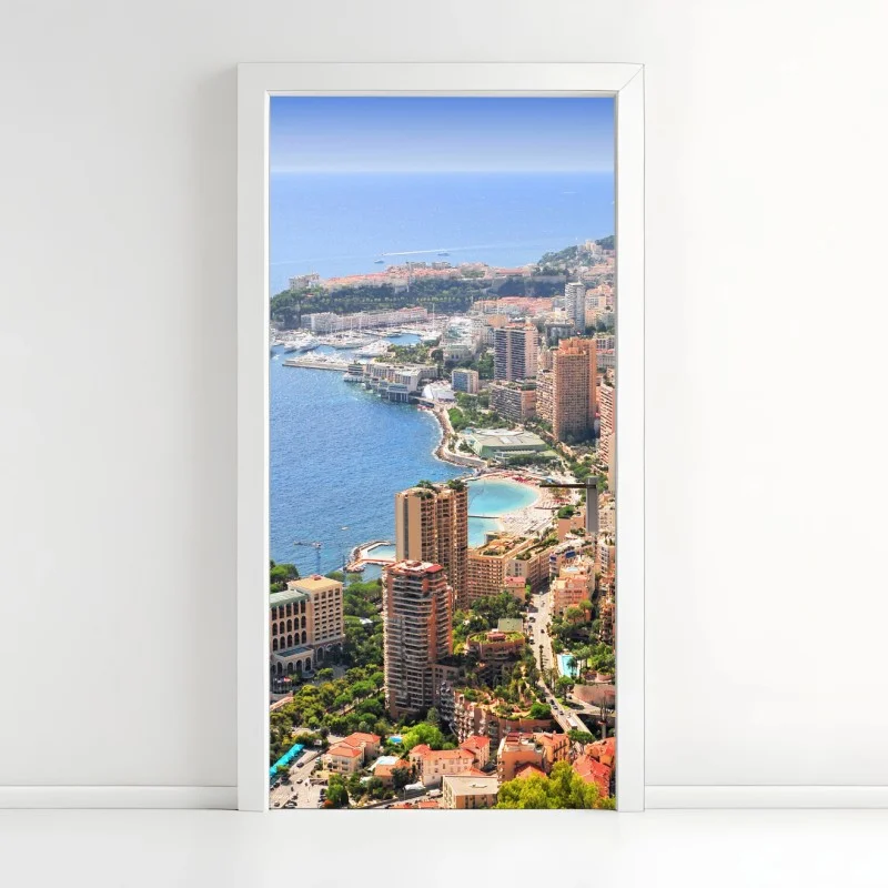Adesivo per porta vista aerea di Monaco: skyline e porto mediterraneo