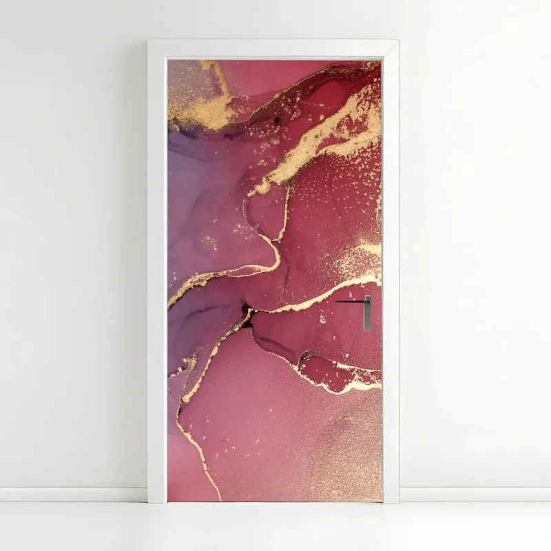 Adesivo per porta marmo astratto turchese e porpora con venature dorate
