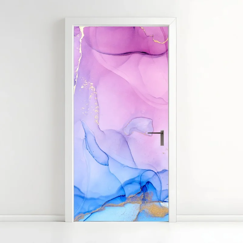 Adesivo per porta sinfonia astratta rosa e blu con venature dorate