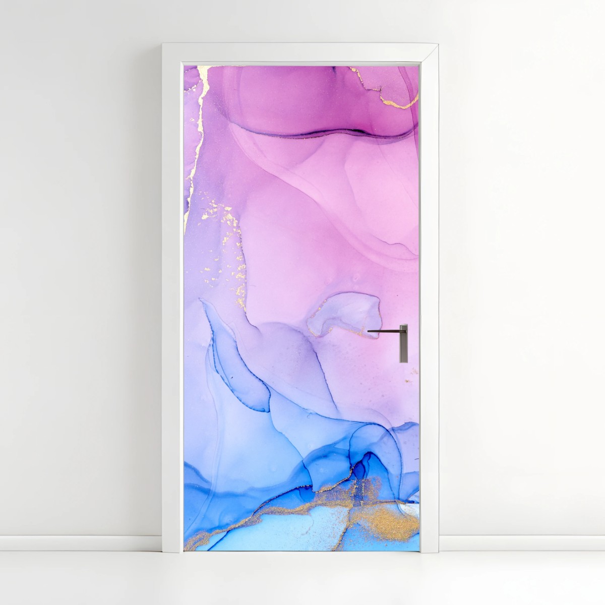 Adesivo per porta sinfonia astratta rosa e blu con venature dorate • Wallissimo®