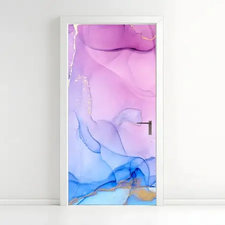 Adesivo per porta sinfonia astratta rosa e blu con venature dorate • Wallissimo®