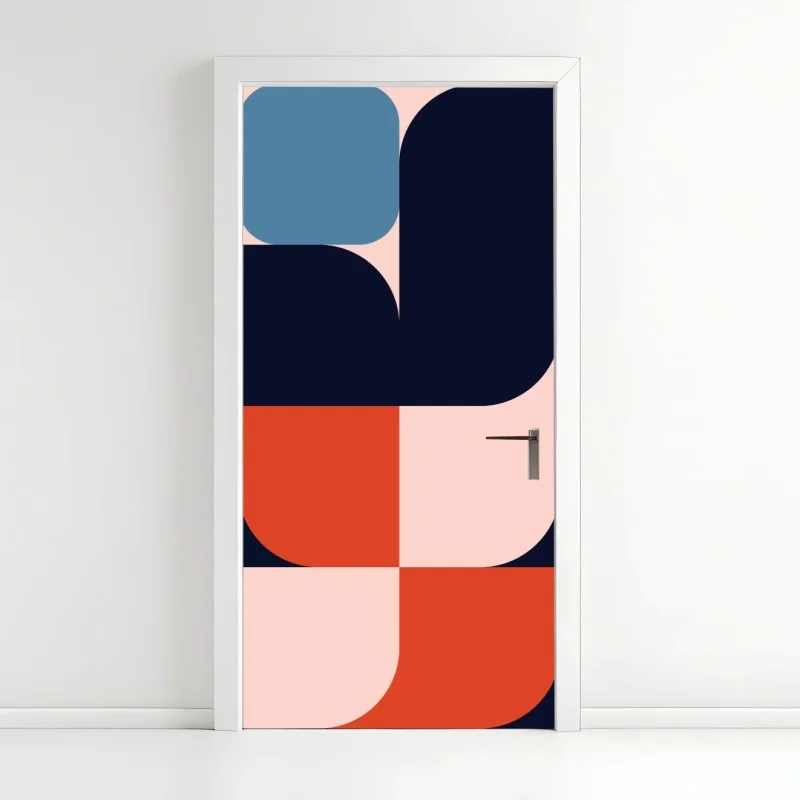 Adesivo per porta motivo geometrico retrò in blu e corallo