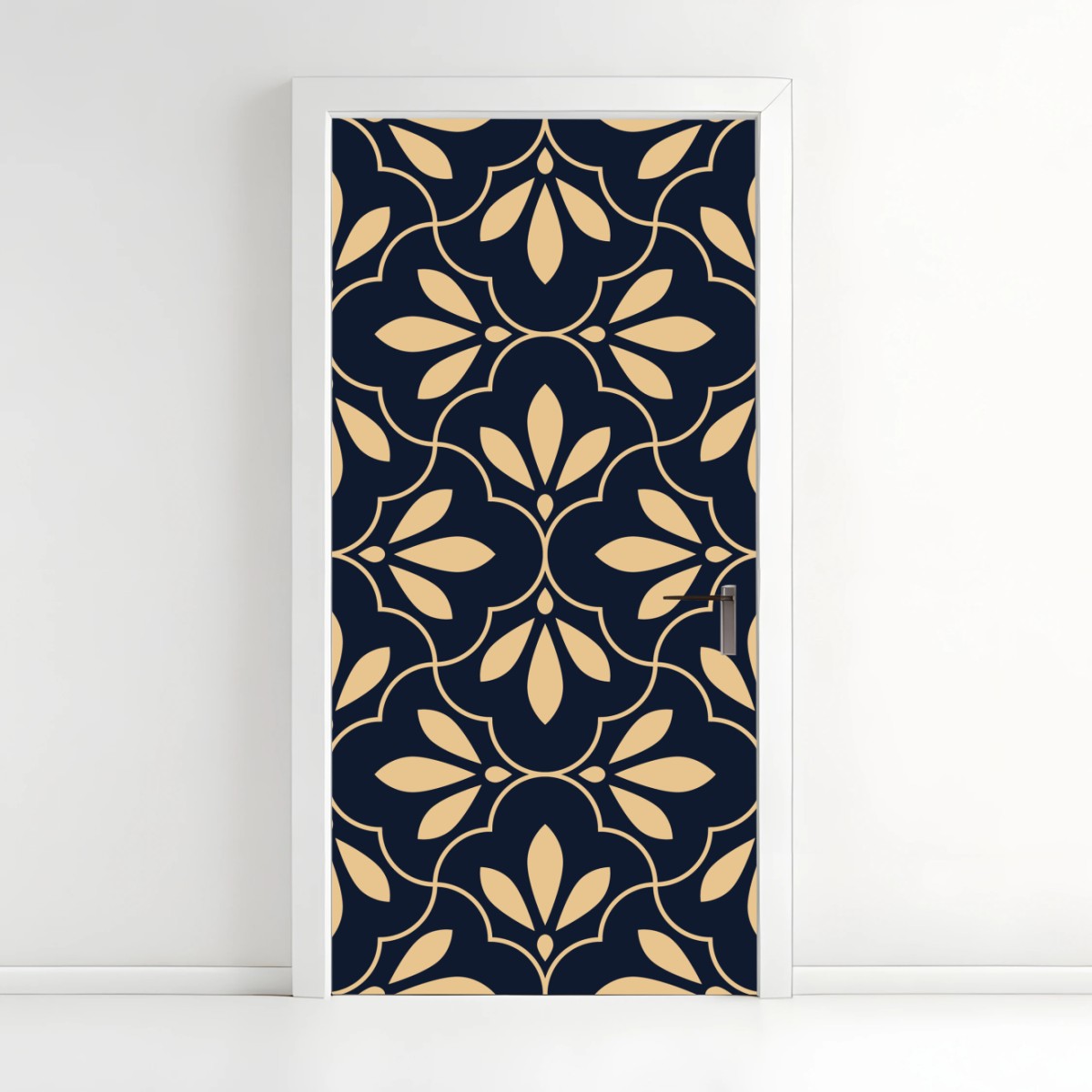 Adesivo per porta motivo ornamentale floreale blu navy e beige • Wallissimo®