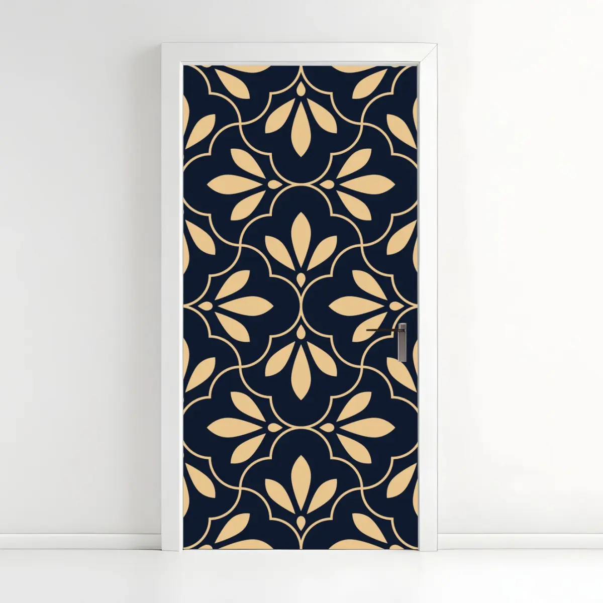 Adesivo per porta motivo ornamentale floreale blu navy e beige • Wallissimo®