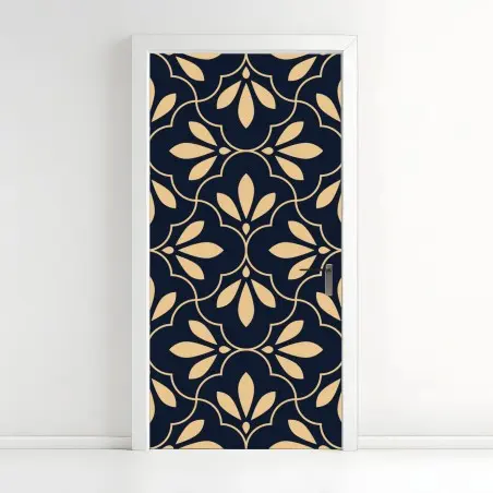Adesivo per porta motivo ornamentale floreale blu navy e beige • Wallissimo®