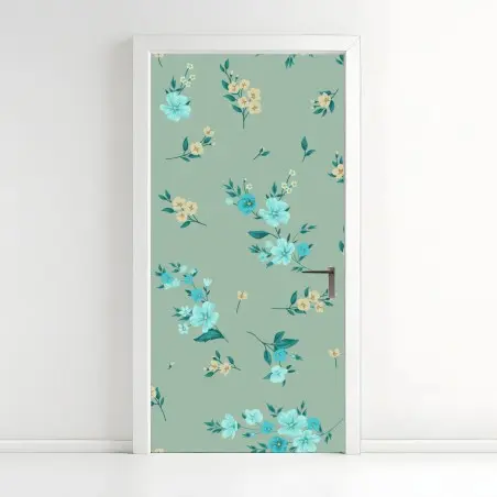 Adesivo per porta motivo floreale turchese su sfondo verde menta • Wallissimo®